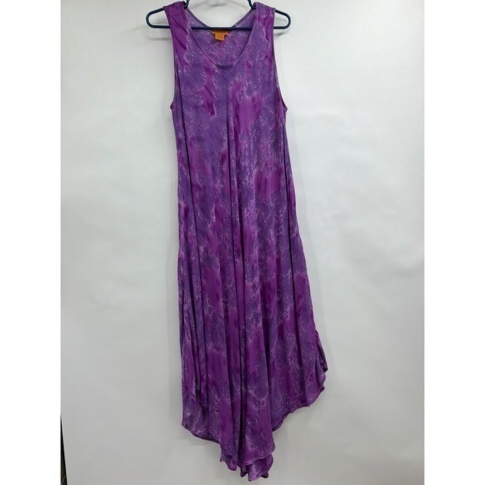 Sakkas Purple Tie Dye Cotton Handkerchief Hem Sleeveless Midi Dress One Size